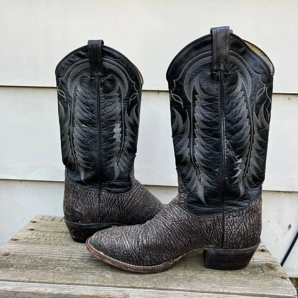 Vintage Tony Lama gray textured leather almond toe cowboy boots 8 1/2 D